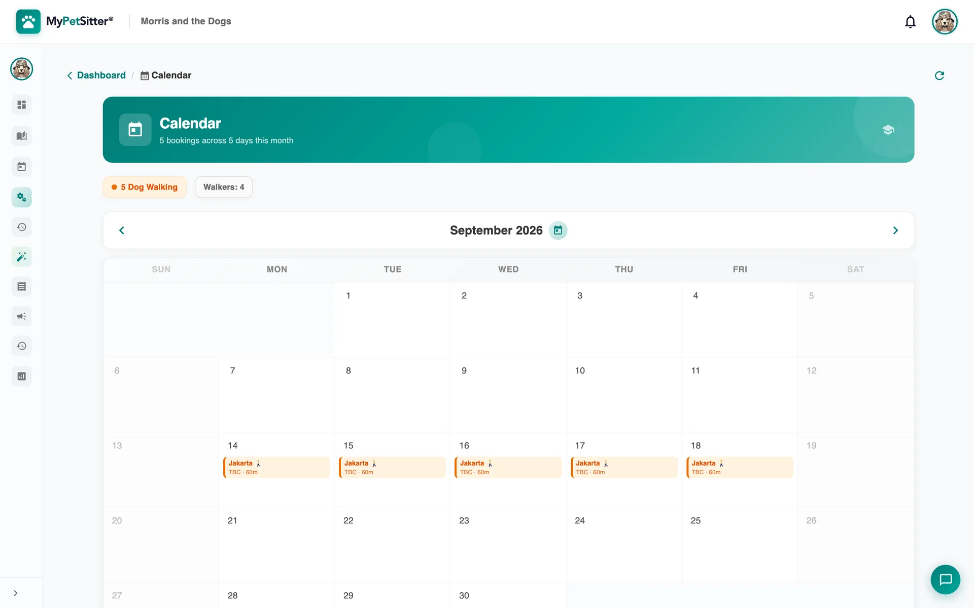 MyPetSitter booking calendar for September 2026: a month grid with five dog-walking bookings for a dog called Jakarta, Monday 14 to Friday 18 September, each a 60-minute walk, under a summary of 5 dog-walking bookings and 4 walkers.