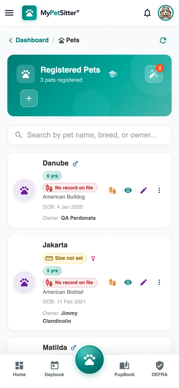 Registered Pets on a phone: 3 pets registered, each with a search box and actions — Danube, 6 years, American Bulldog, date of birth 4 January 2020; Jakarta, 5 years, American Bobtail, date of birth 11 February 2021 — each showing its vaccination record status and owner.